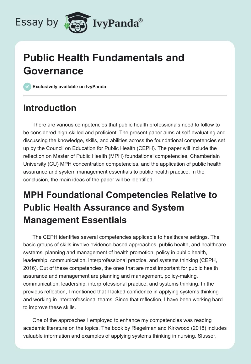 Public Health Fundamentals and Governance. Page 1
