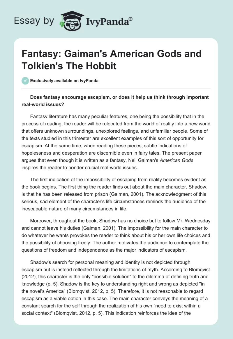 Fantasy: Gaiman's American Gods and Tolkien's The Hobbit. Page 1