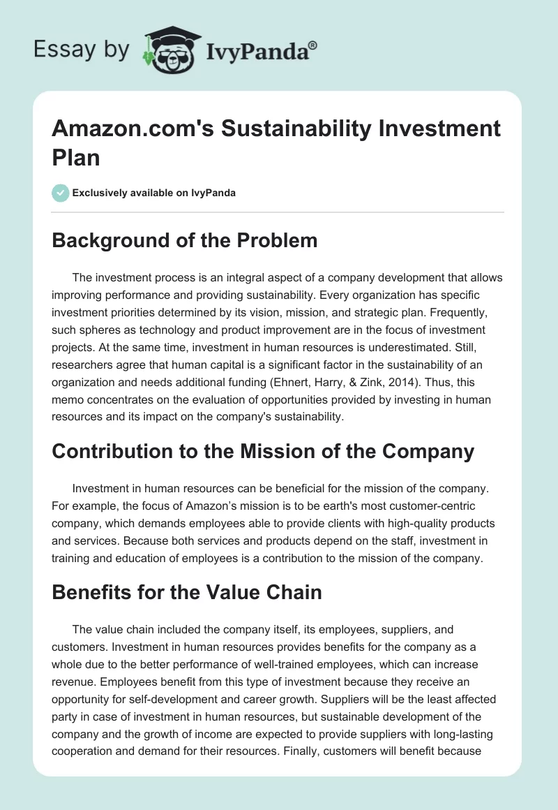 Amazon.com's Sustainability Investment Plan. Page 1