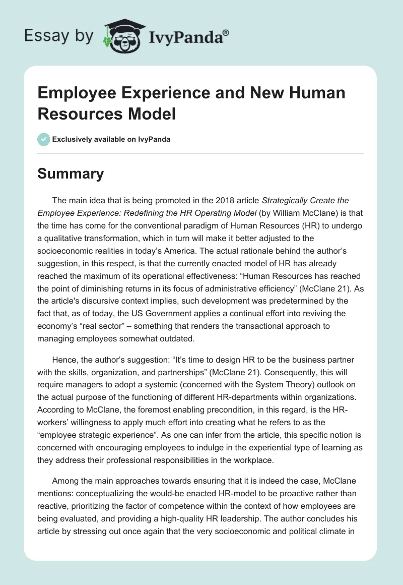 Employee Experience and New Human Resources Model. Page 1