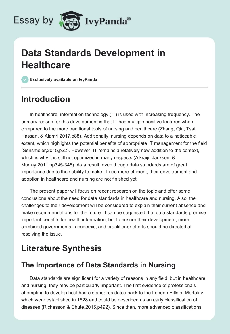 Data Standards Development in Healthcare. Page 1