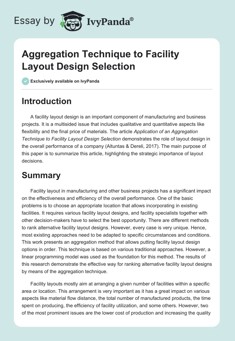 Aggregation Technique to Facility Layout Design Selection. Page 1
