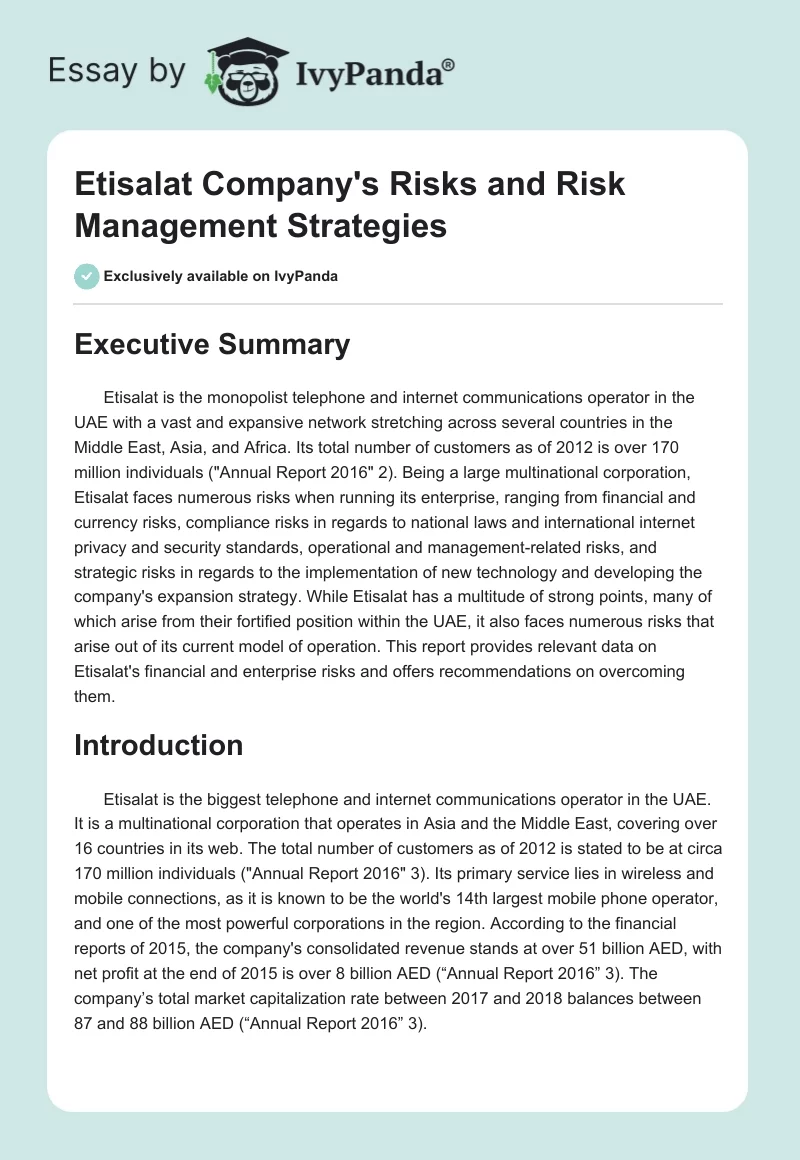 Etisalat Company's Risks and Risk Management Strategies. Page 1
