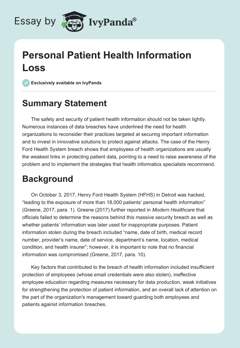 Personal Patient Health Information Loss. Page 1