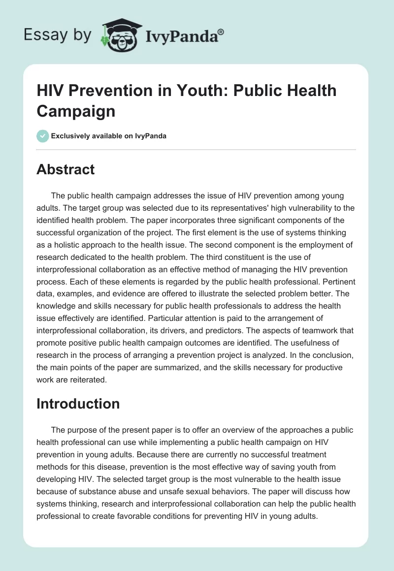 HIV Prevention in Youth: Public Health Campaign. Page 1