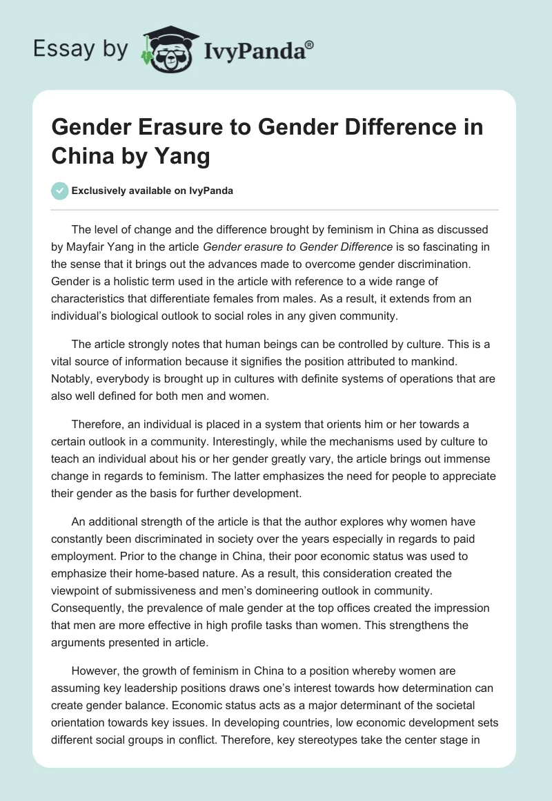 "Gender Erasure to Gender Difference in China" by Yang. Page 1