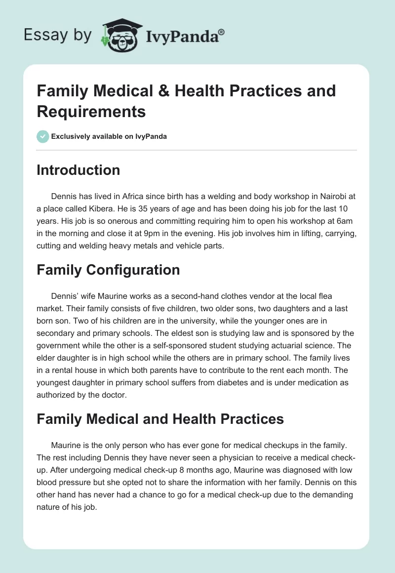 Family Medical & Health Practices and Requirements. Page 1