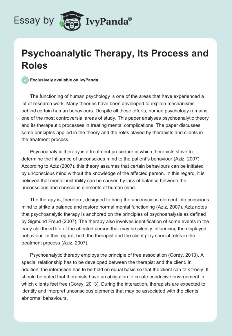 Psychoanalytic Therapy, Its Process and Roles. Page 1