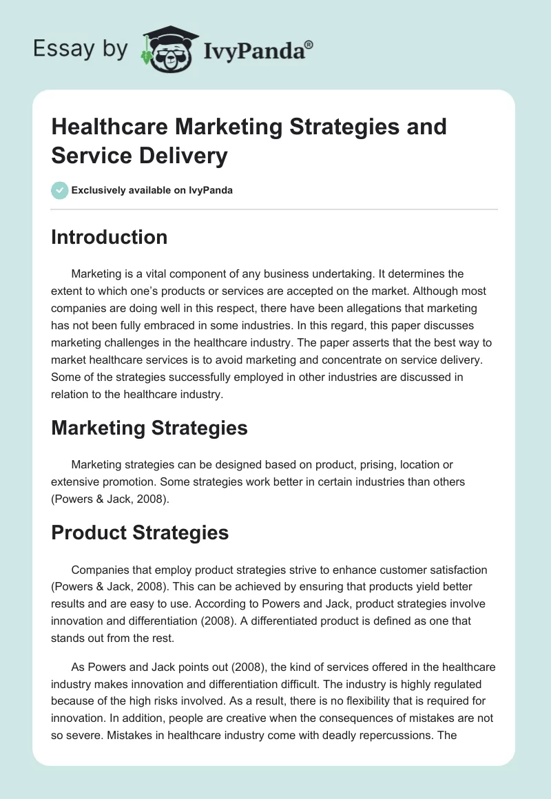Healthcare Marketing Strategies and Service Delivery. Page 1