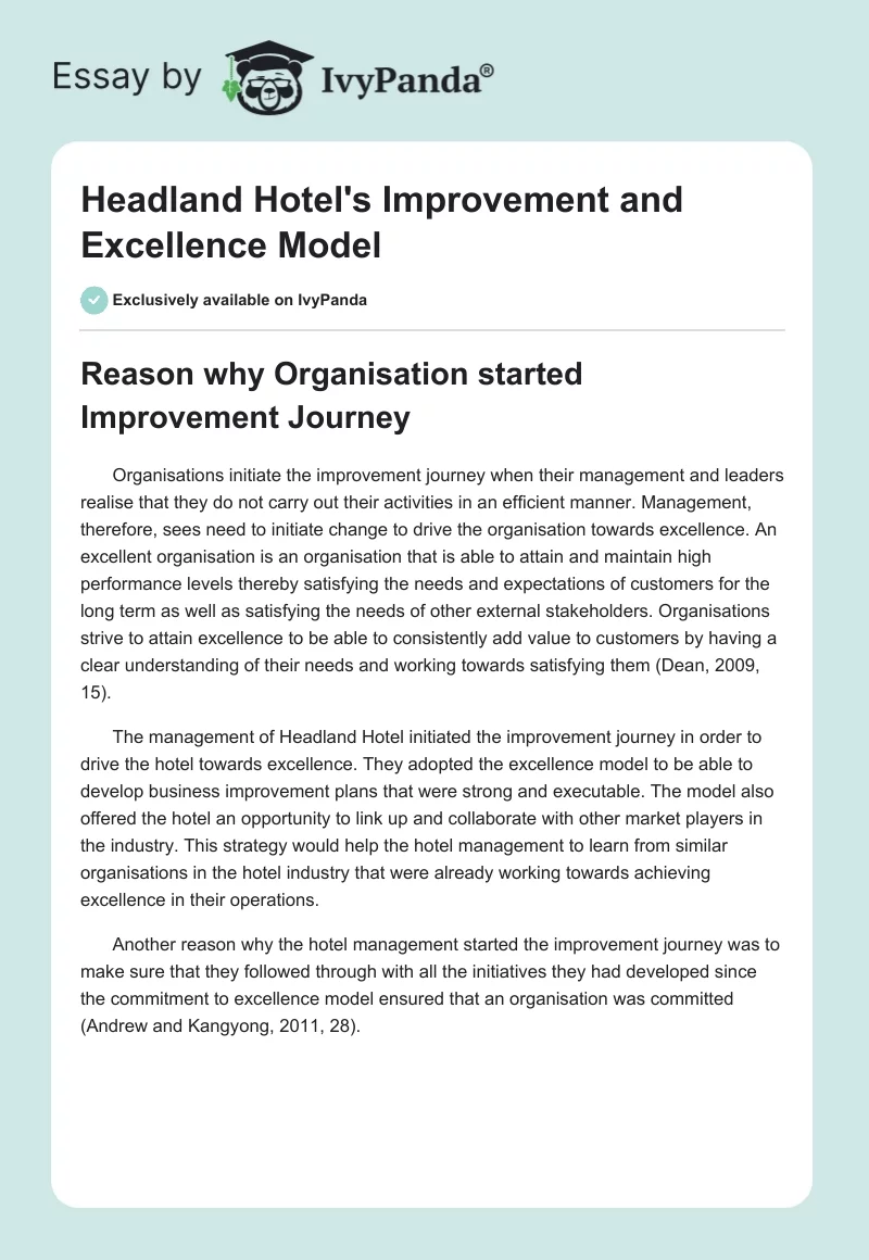 Headland Hotel's Improvement and Excellence Model. Page 1