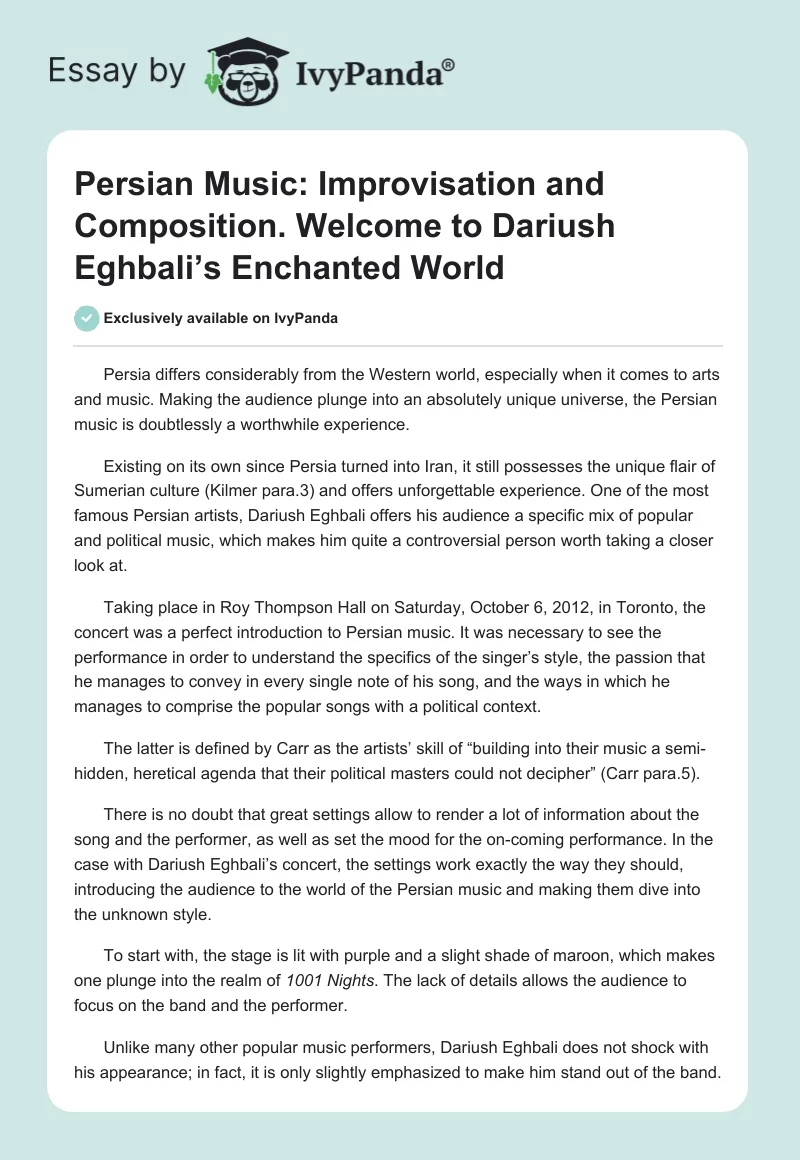 Persian Music: Improvisation and Composition. Welcome to Dariush Eghbali’s Enchanted World. Page 1