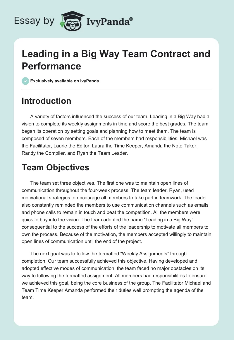 "Leading in a Big Way" Team Contract and Performance. Page 1