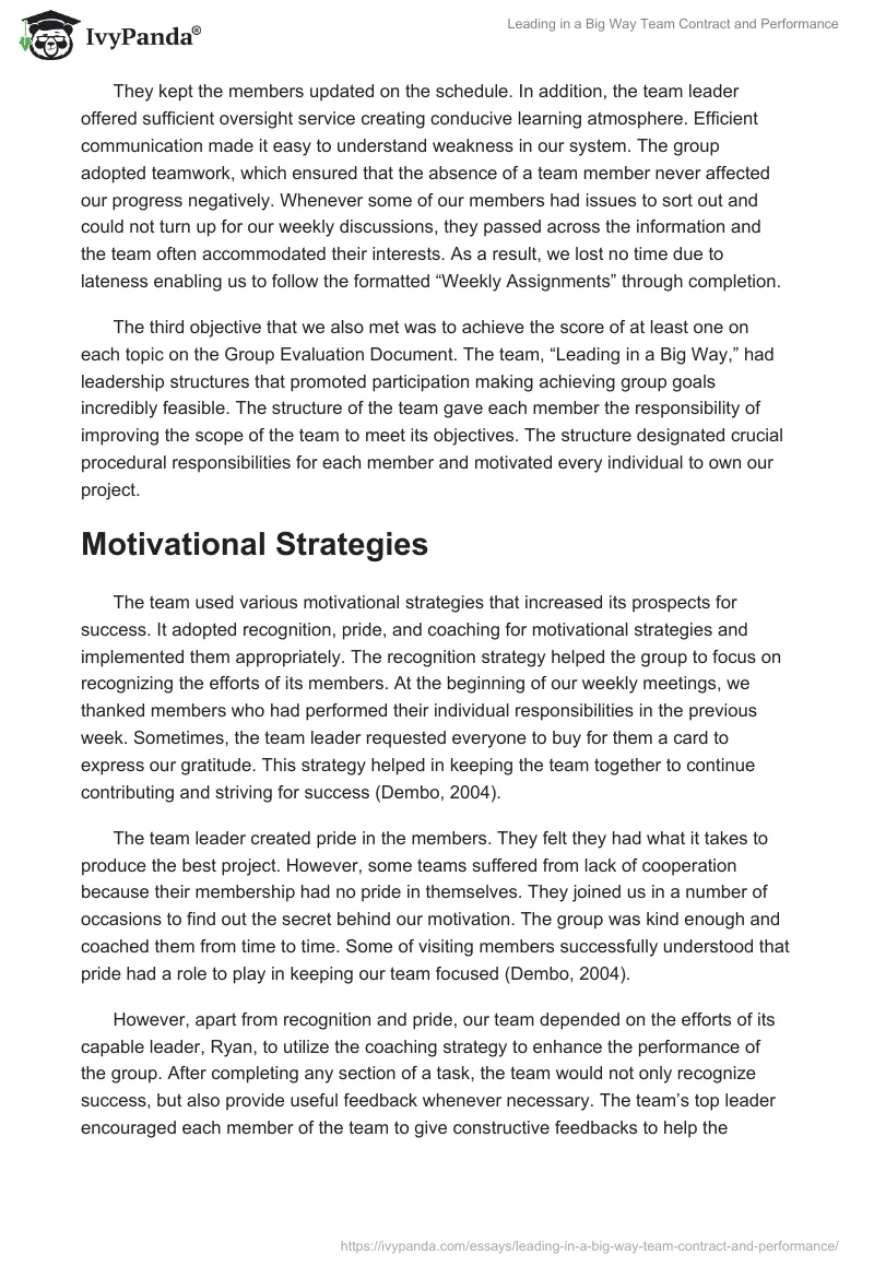 "Leading in a Big Way" Team Contract and Performance. Page 2