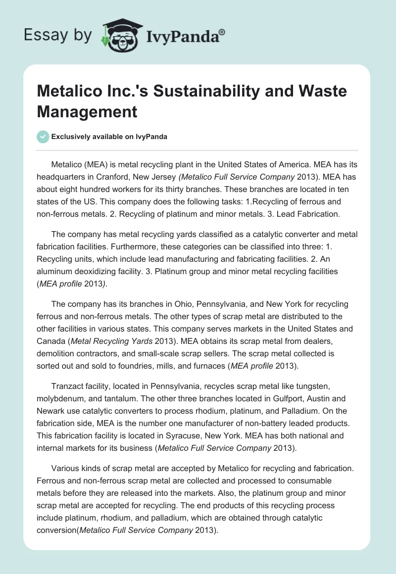 Metalico Inc.'s Sustainability and Waste Management. Page 1
