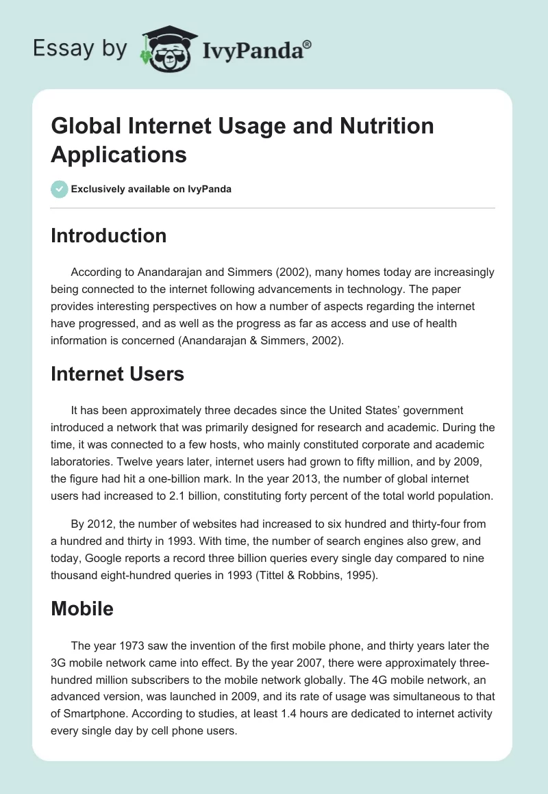 Global Internet Usage and Nutrition Applications. Page 1