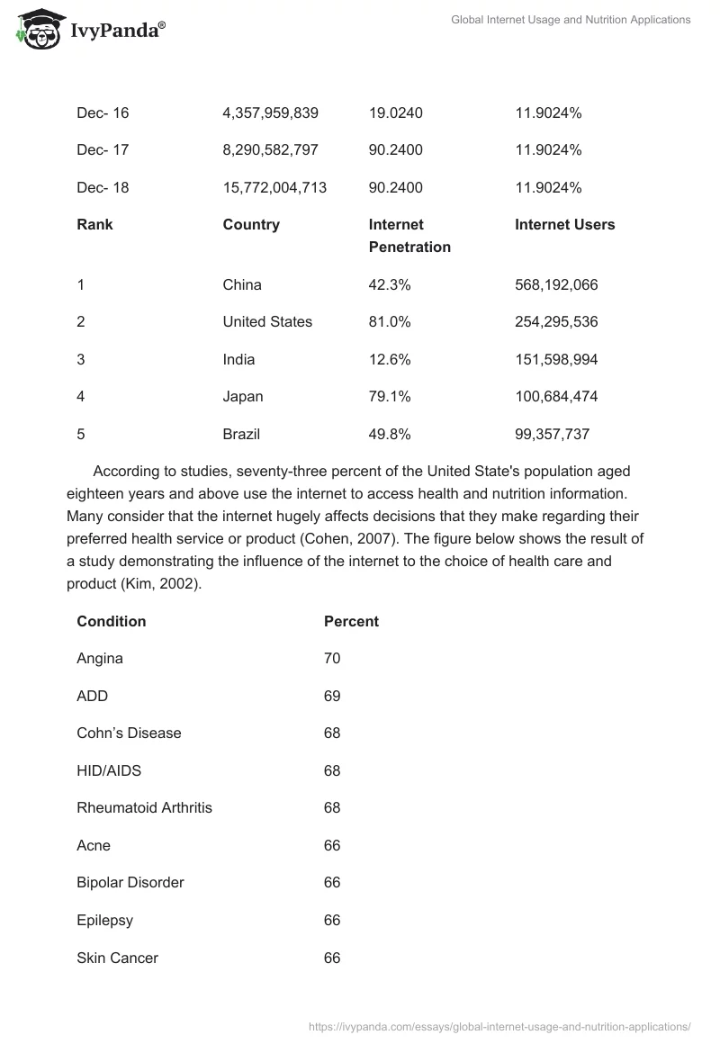 Global Internet Usage and Nutrition Applications. Page 4