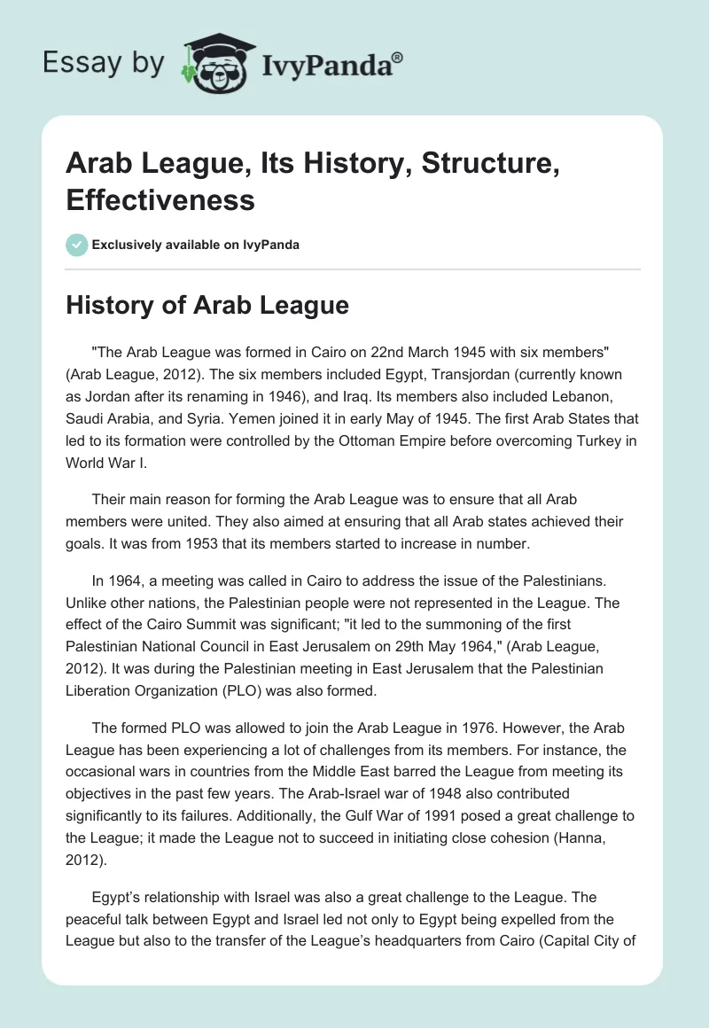 Arab League, Its History, Structure, Effectiveness. Page 1