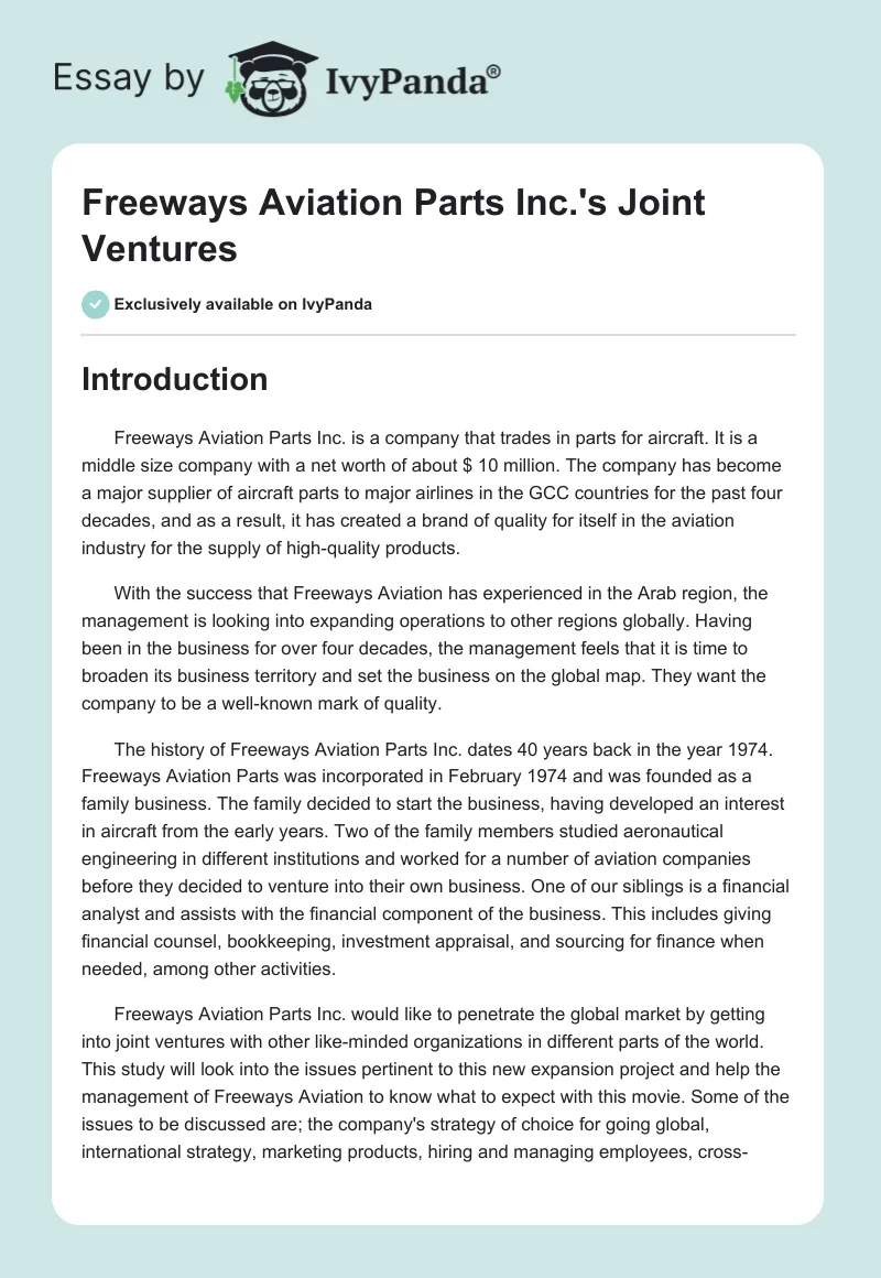Freeways Aviation Parts Inc.'s Joint Ventures. Page 1