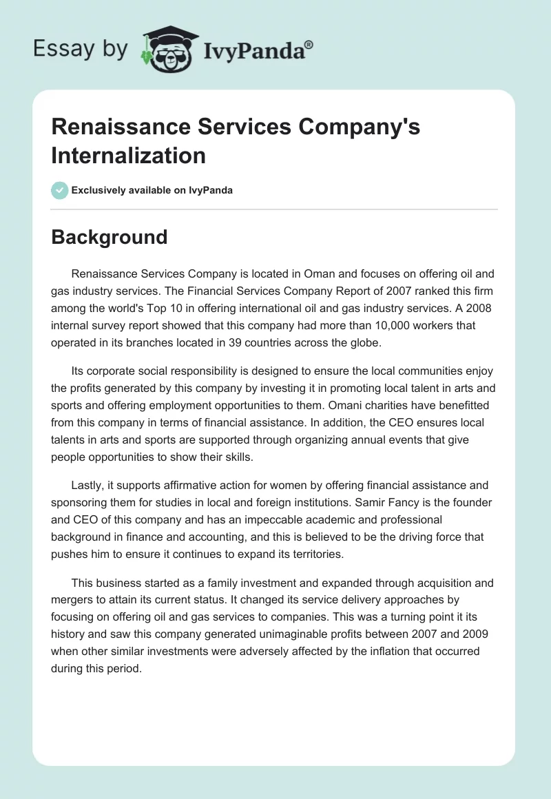 Renaissance Services Company's Internalization. Page 1