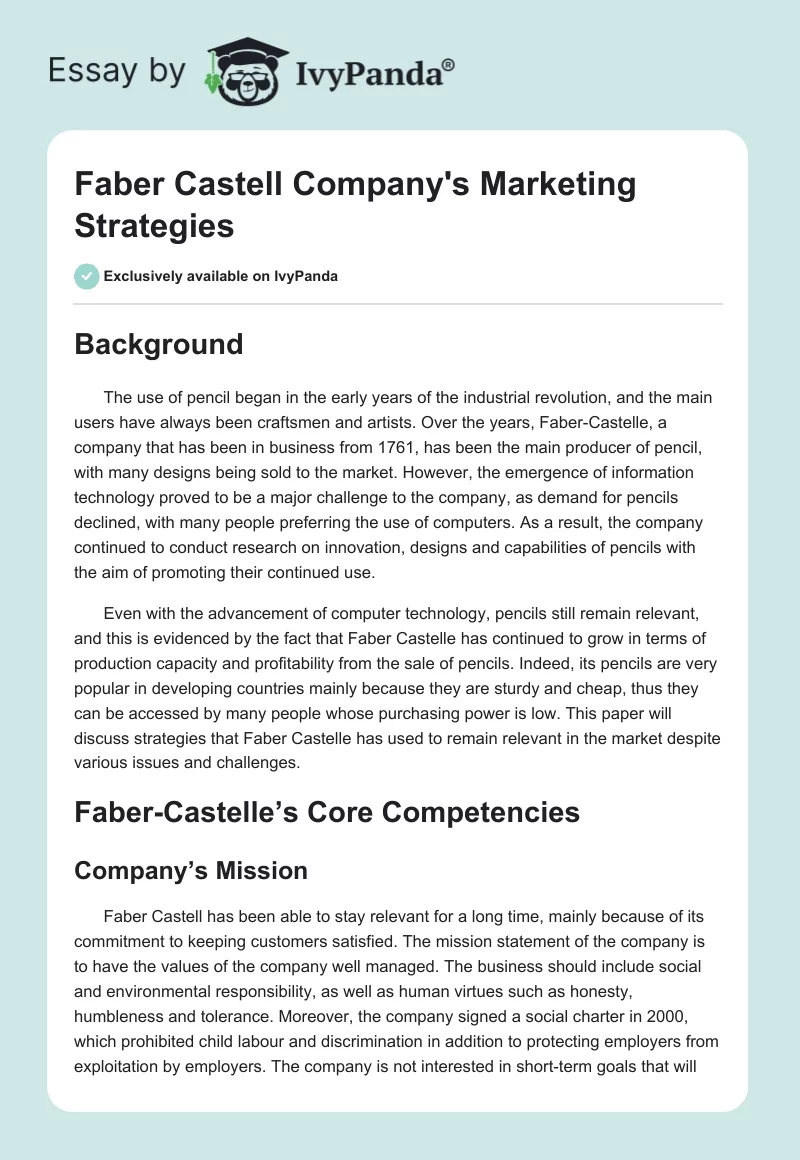 Faber Castell Company's Marketing Strategies. Page 1