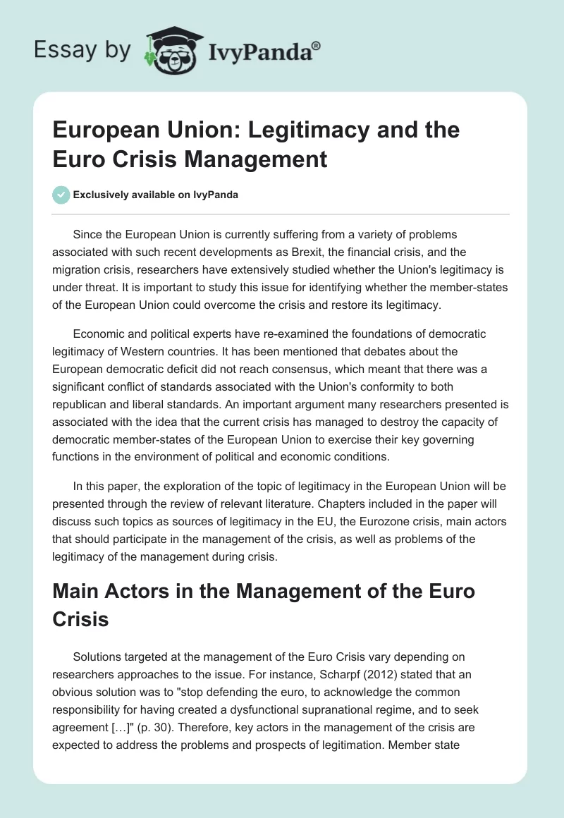 European Union: Legitimacy and the Euro Crisis Management. Page 1