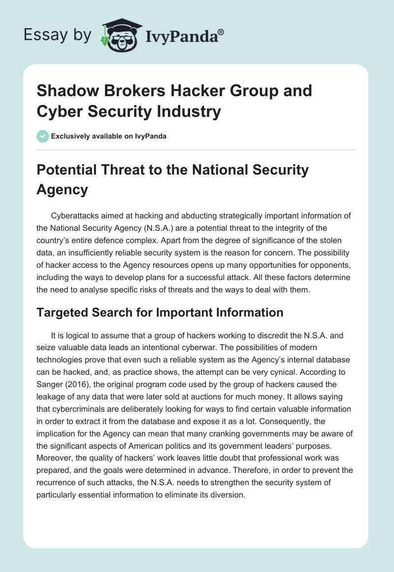 Shadow Brokers Hacker Group and Cyber Security Industry. Page 1