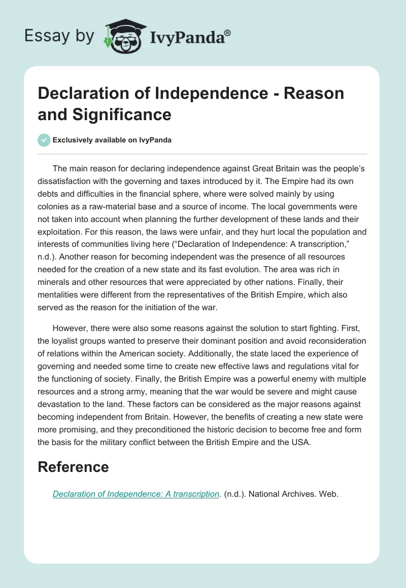 Declaration of Independence - Reason and Significance. Page 1