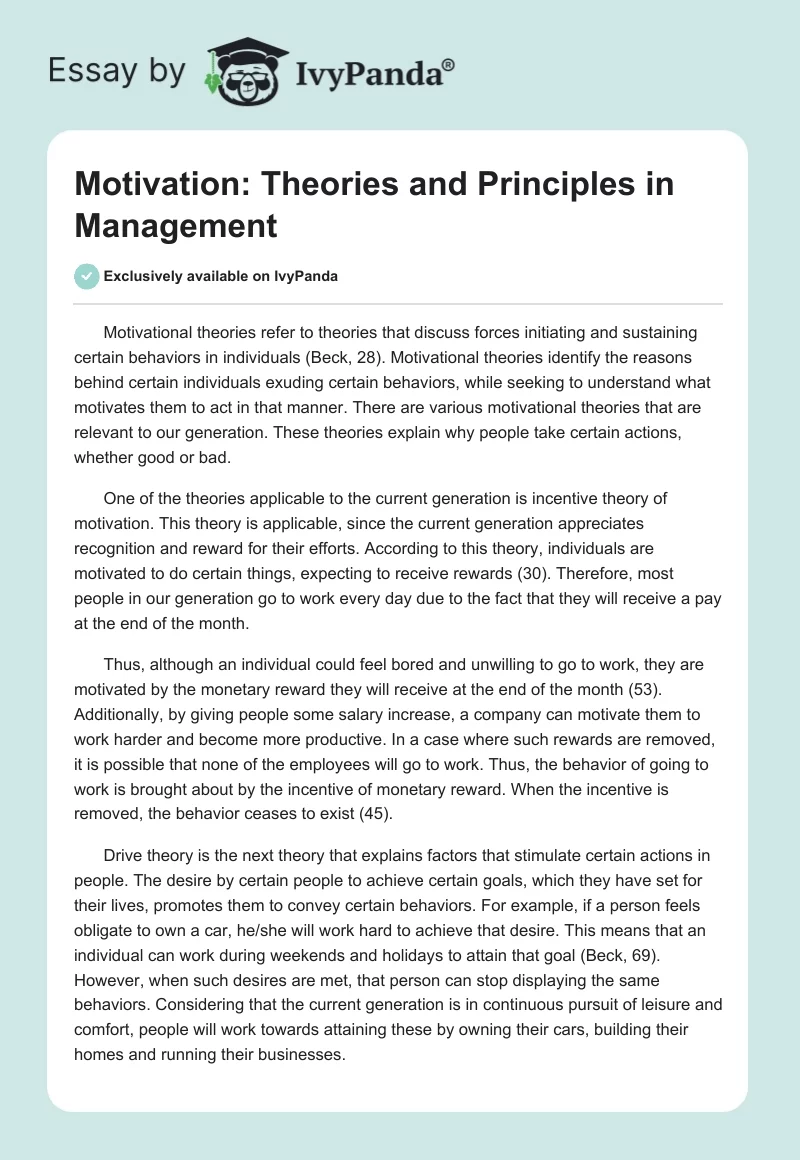 Motivation: Theories and Principles in Management. Page 1