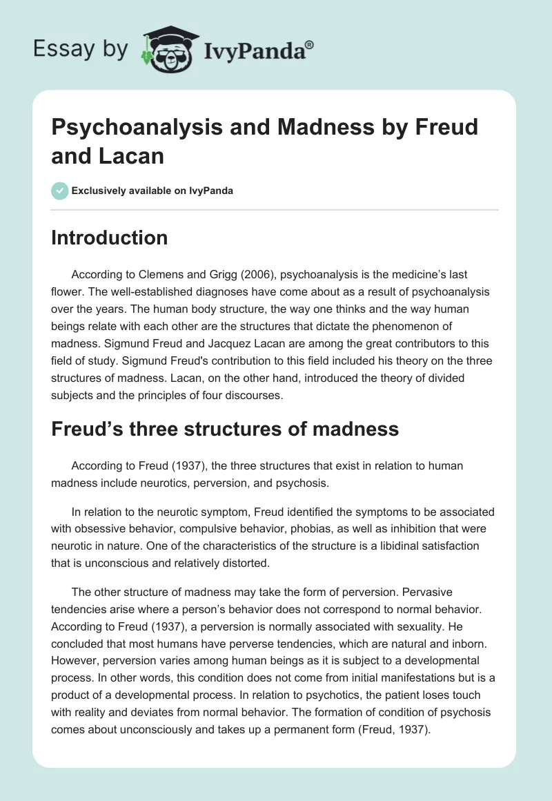 Psychoanalysis and Madness by Freud and Lacan. Page 1