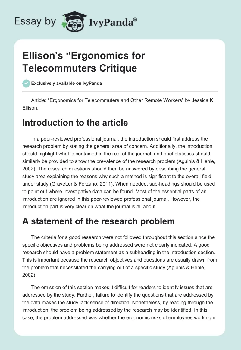 Ellison's “Ergonomics for Telecommuters" Critique. Page 1