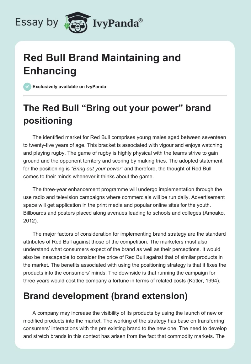 Red Bull Brand Maintaining and Enhancing. Page 1