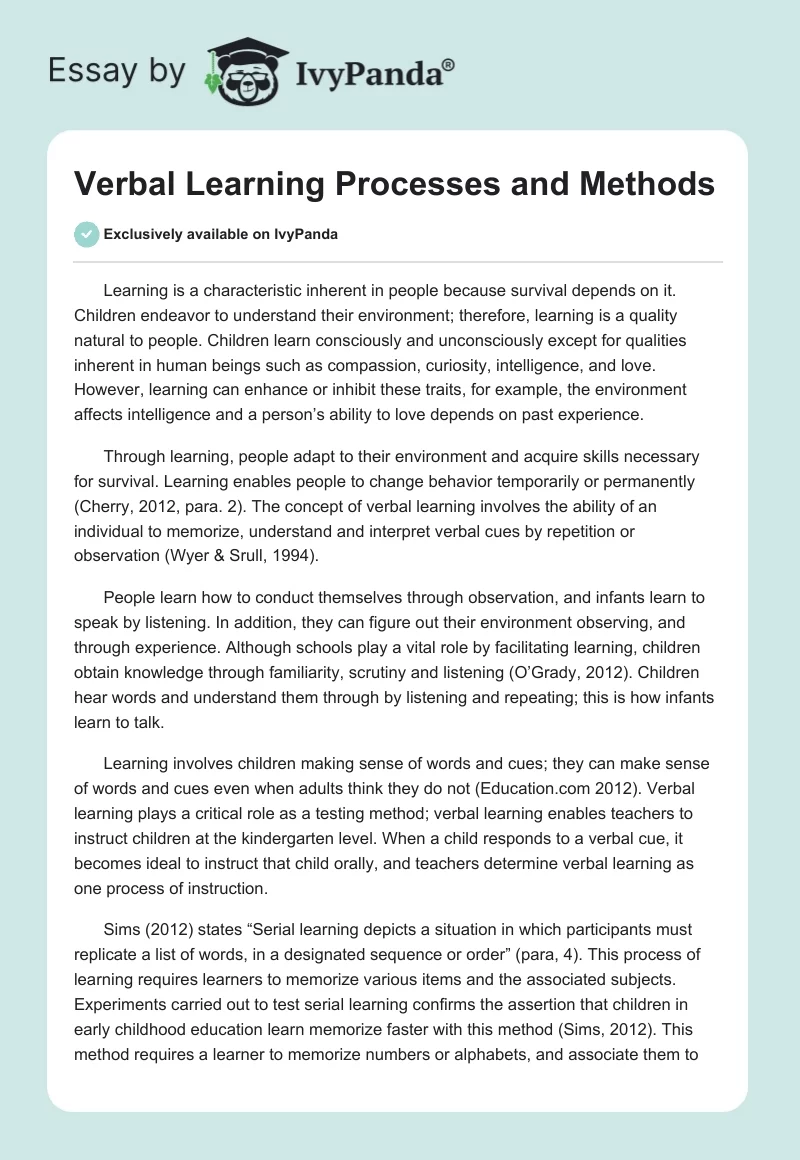 Verbal Learning Processes and Methods. Page 1