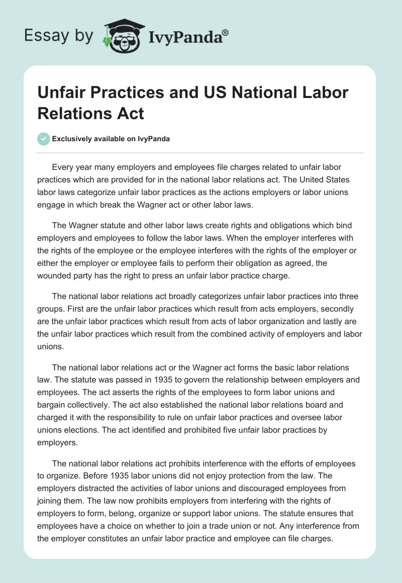 Unfair Practices and US National Labor Relations Act. Page 1