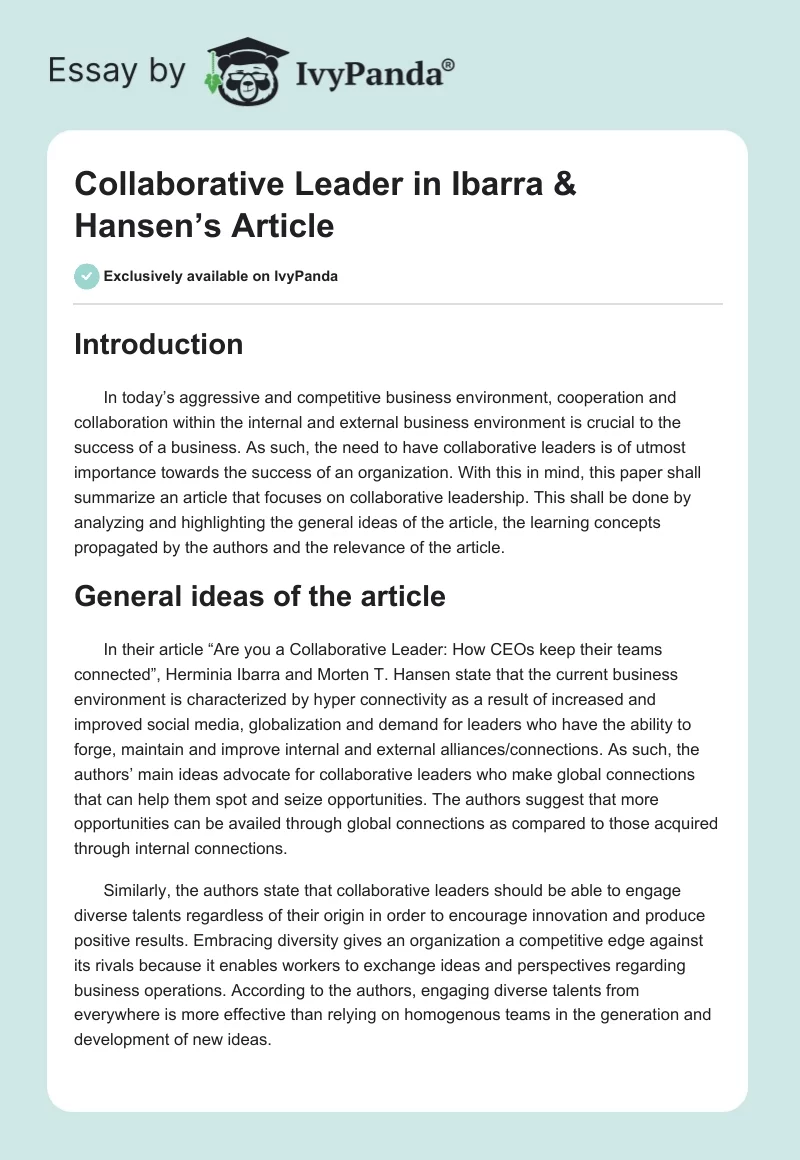 Collaborative Leader in Ibarra & Hansen’s Article. Page 1