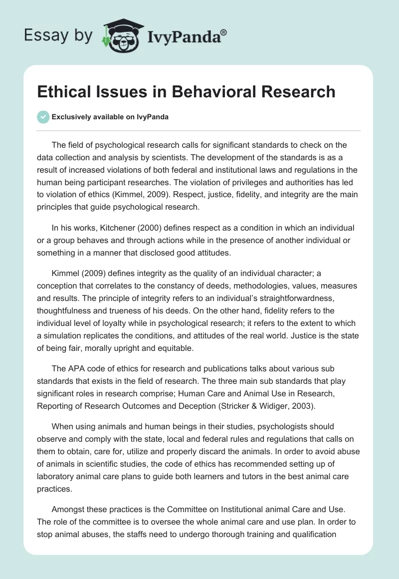 Ethical Issues in Behavioral Research. Page 1