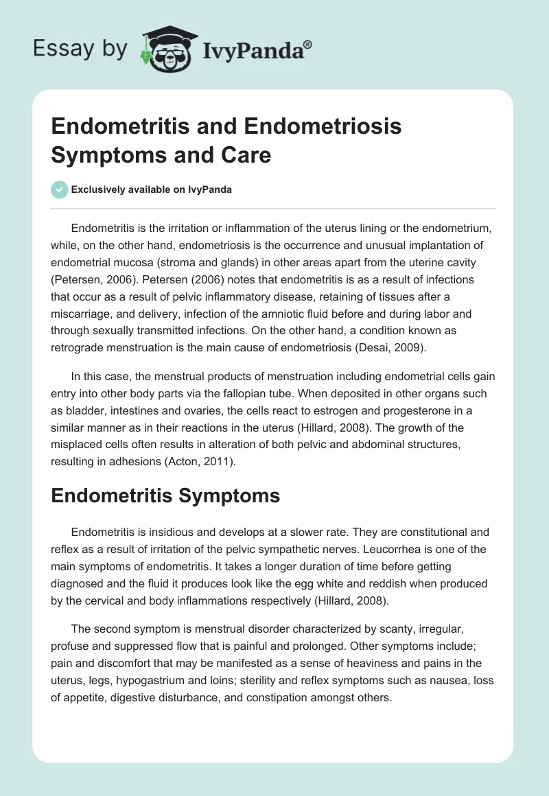 Endometritis and Endometriosis Symptoms and Care. Page 1