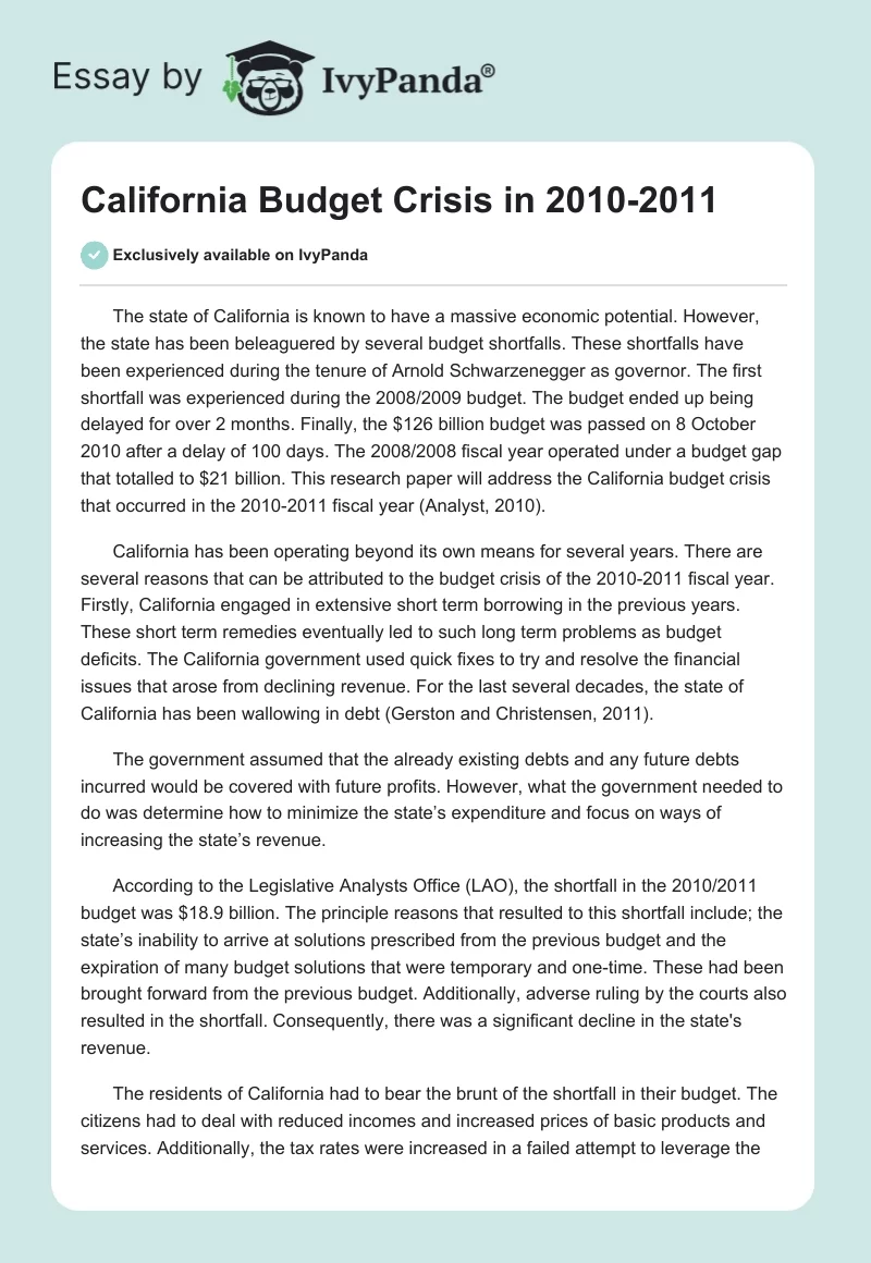 California Budget Crisis in 2010-2011. Page 1