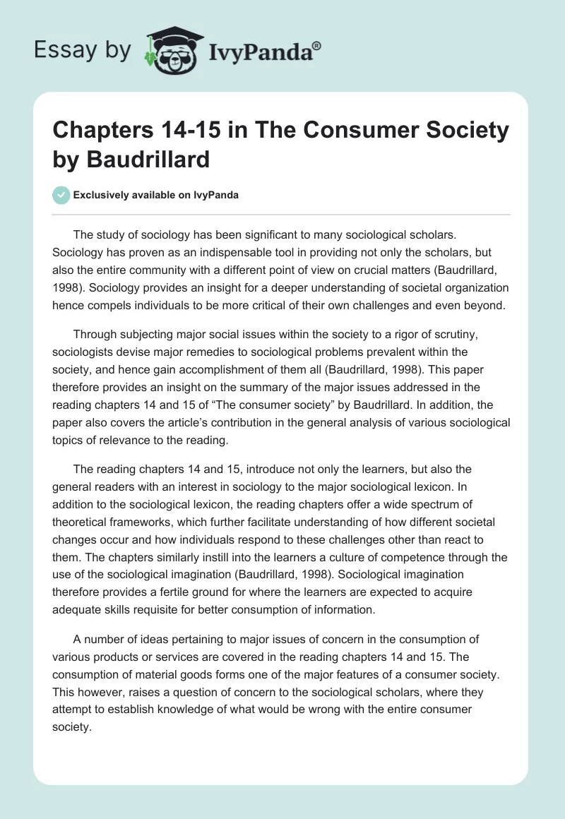 Chapters 14-15 in "The Consumer Society" by Baudrillard. Page 1