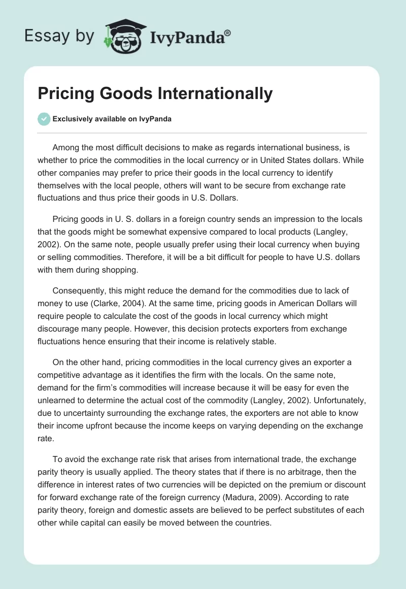 Pricing Goods Internationally. Page 1