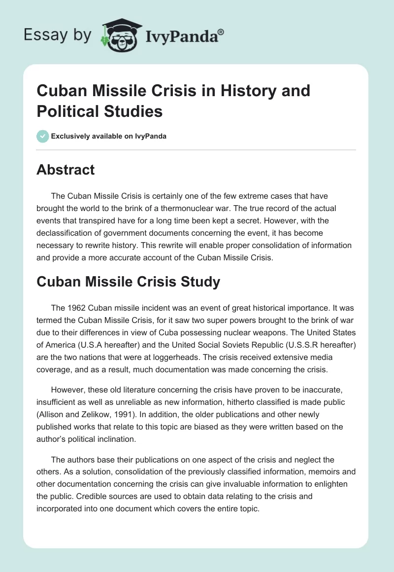 Cuban Missile Crisis in History and Political Studies. Page 1
