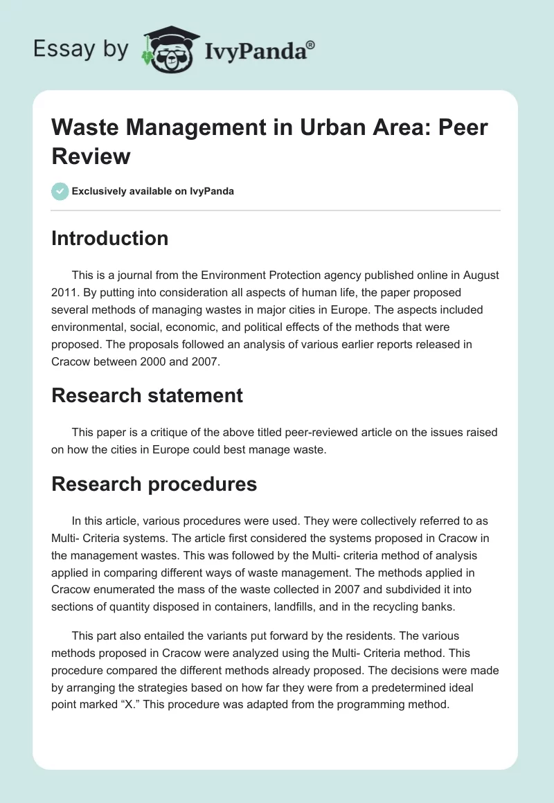 Waste Management in Urban Area: Peer Review. Page 1
