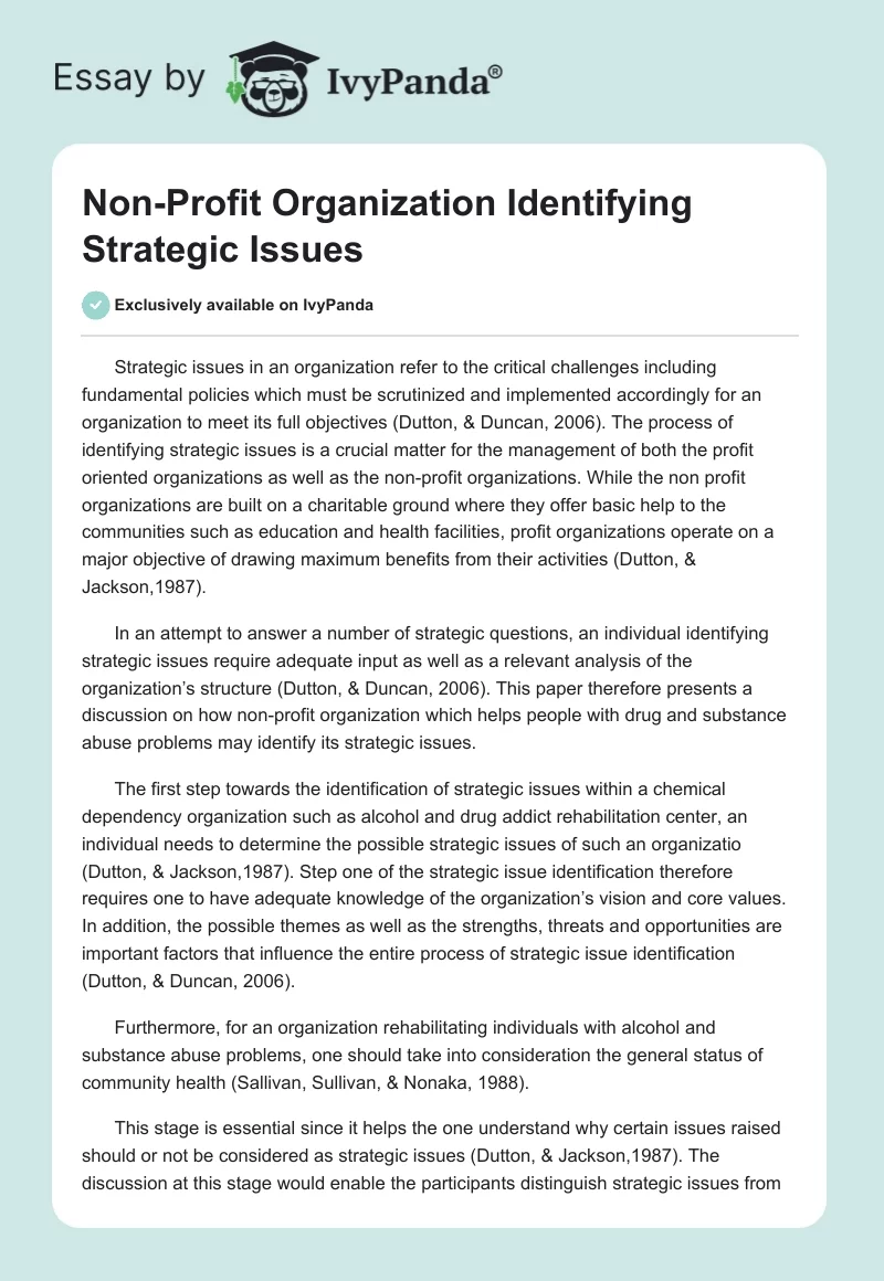 Non-Profit Organization Identifying Strategic Issues. Page 1