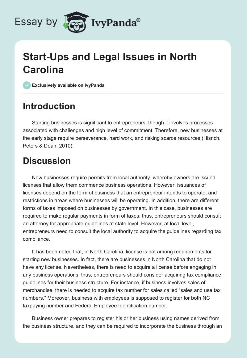 Start-Ups and Legal Issues in North Carolina. Page 1