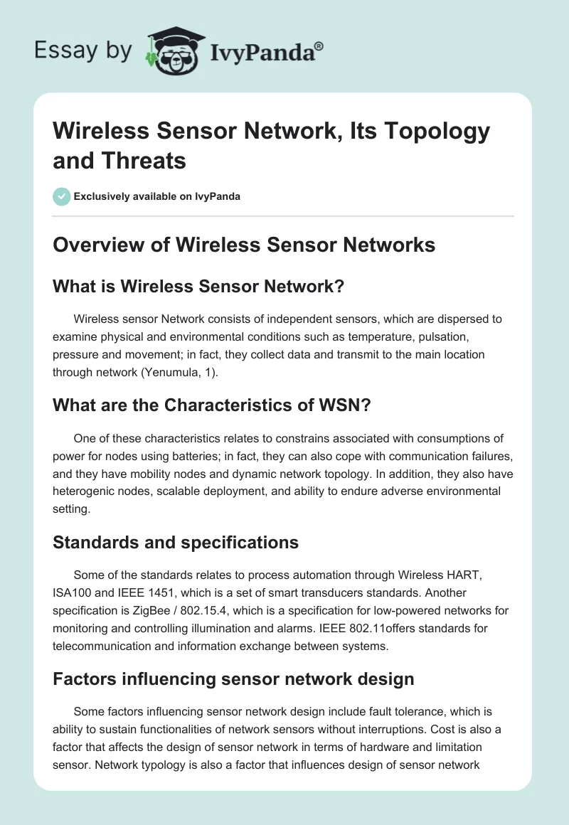 Wireless Sensor Network, Its Topology and Threats. Page 1