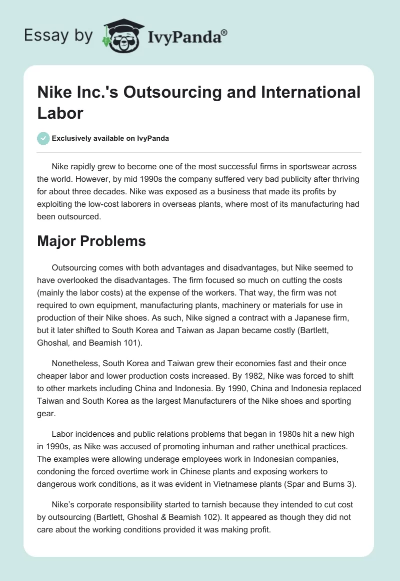 Nike Inc.'s Outsourcing and International Labor. Page 1
