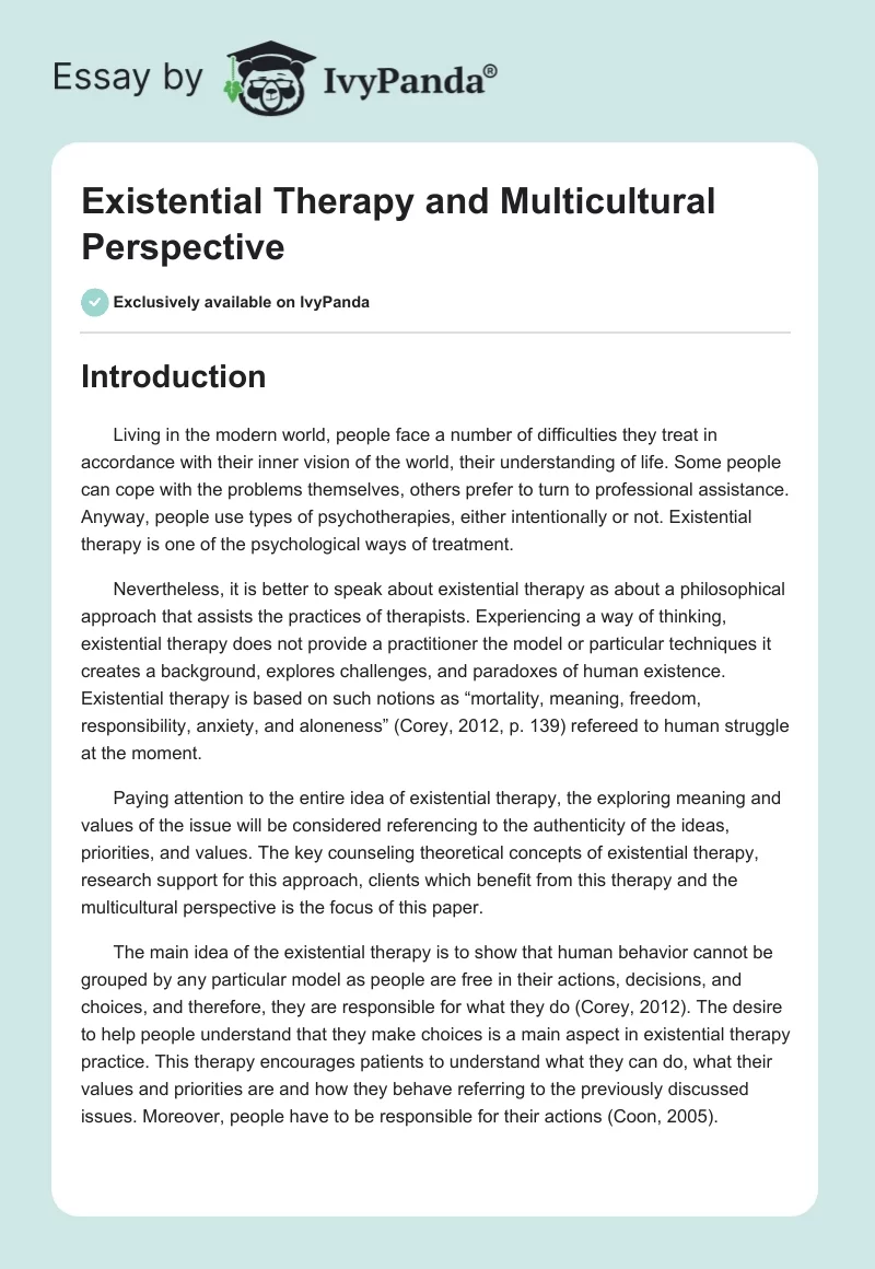 Existential Therapy and Multicultural Perspective. Page 1