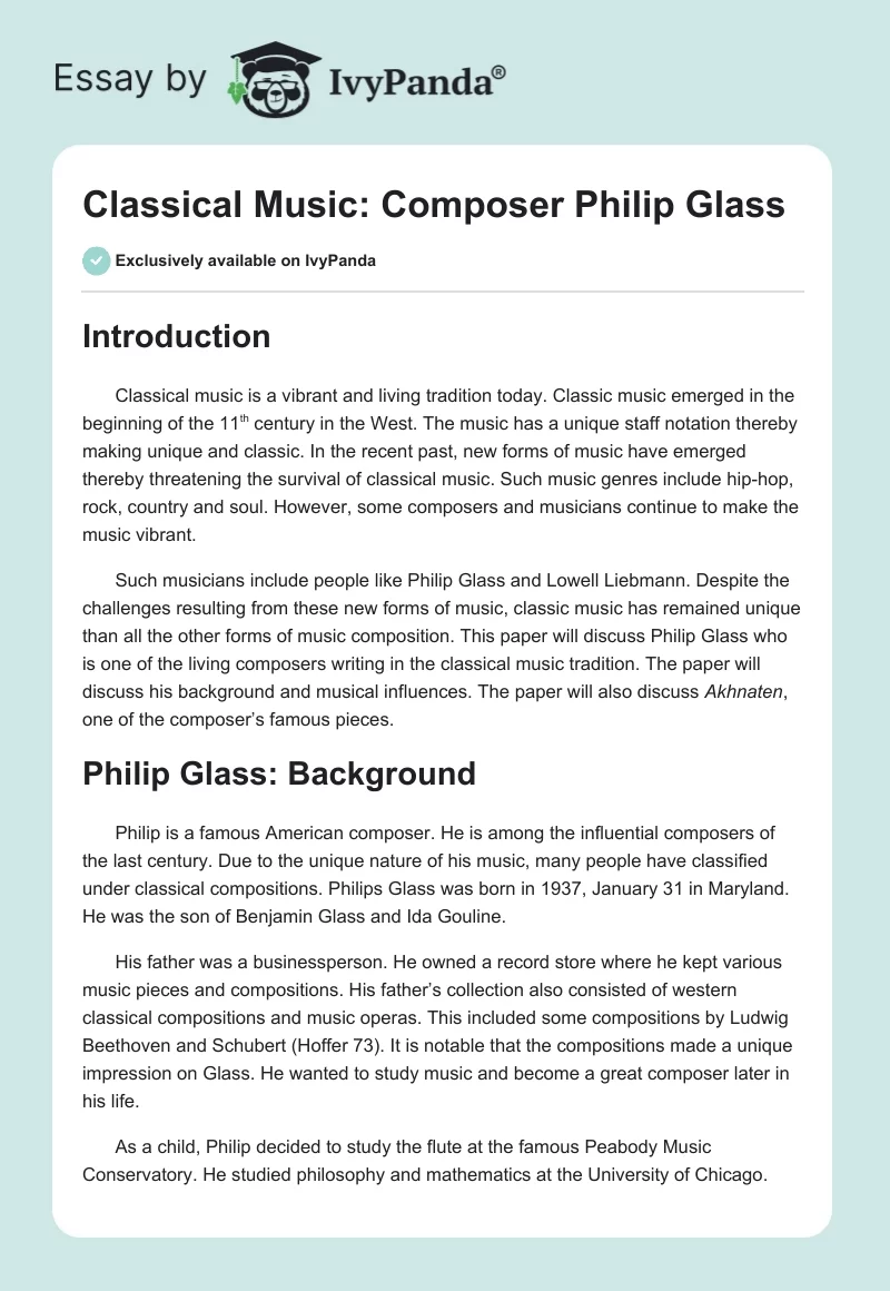 Classical Music: Composer Philip Glass. Page 1