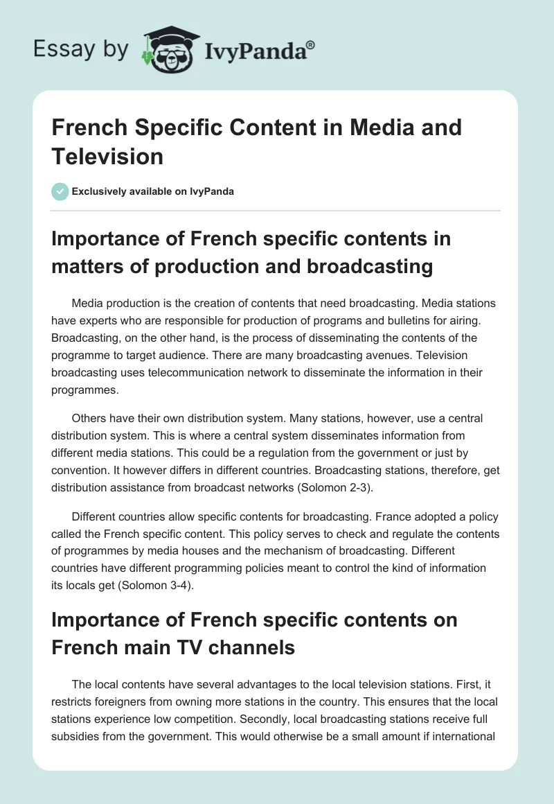French Specific Content in Media and Television. Page 1