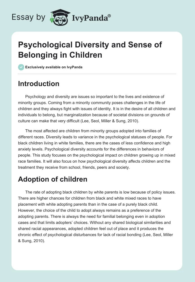 Psychological Diversity and Sense of Belonging in Children. Page 1