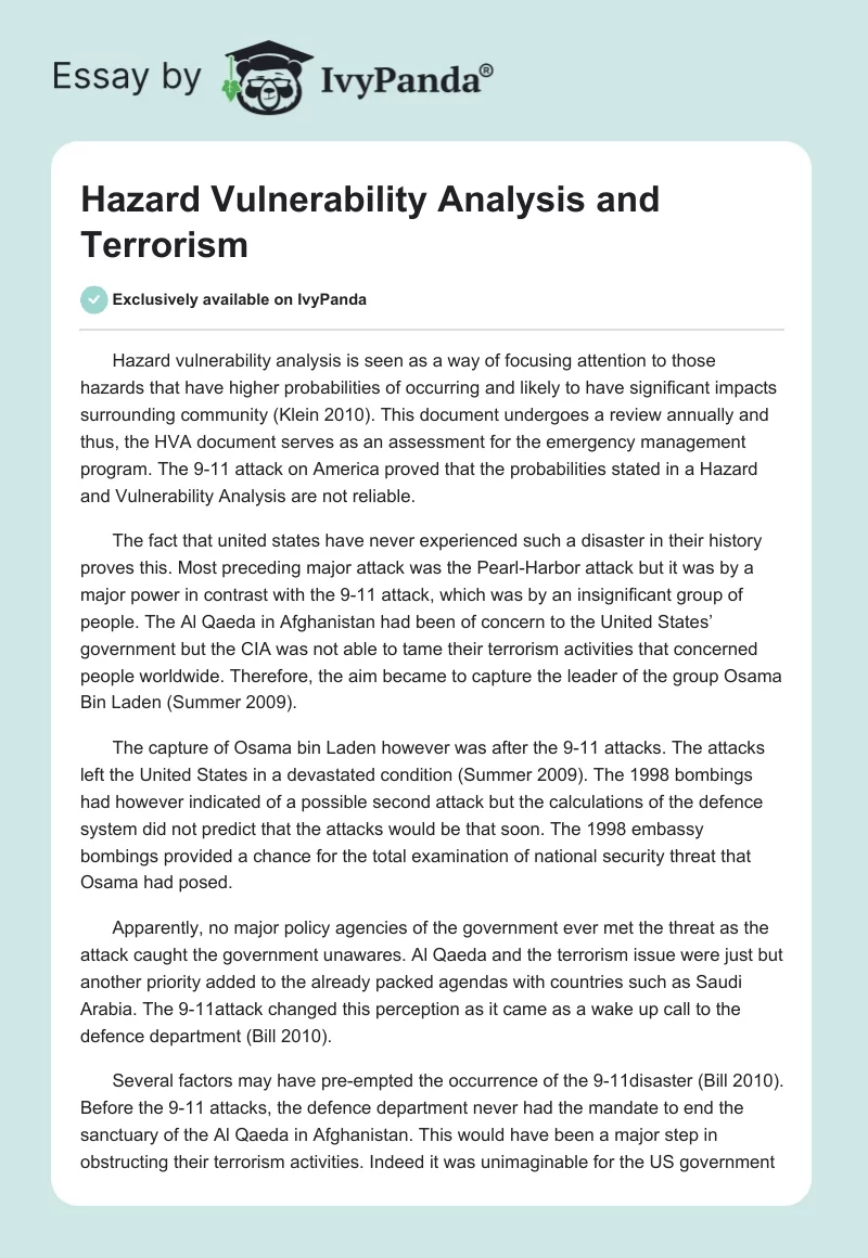Hazard Vulnerability Analysis and Terrorism. Page 1